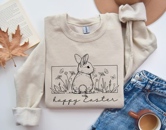 Happy Easter Bunny Sweatshirt with Floral Print, Bunny Graphic, Easter Gift