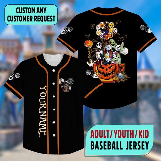 Custom Jack Skellington Halloween Baseball Jersey, Jack Sally Oogie Boogie Baseball Shirt, Nightmare Before Christmas Jersey Team