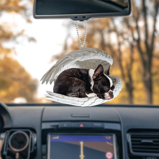 Boston Terrier Dog Angel Wings Car Ornament, Dog Christmas Ornament, Dog Sleeping Angel Ornament, Dog Lovers Gift