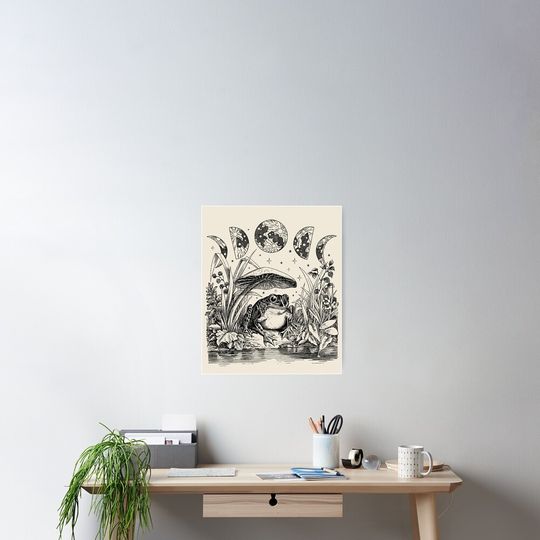 Cottagecore Aesthetic Frog, Mushroom Moon Witchcraft: Vintage Dark Academia, Goblincore Froggy, Emo Grunge Nature Fantasy, Fairycore Toad in Toadstool Pond Poster