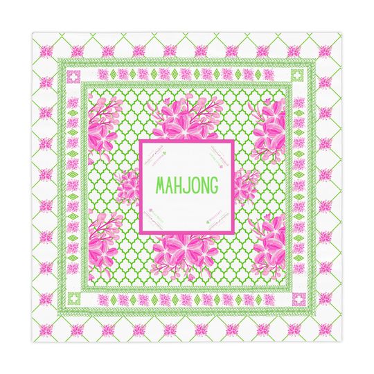 Preppy Mahjong Tablecloth with Charleston Instructions | Pink Green Floral Mahjong Game Table Mat