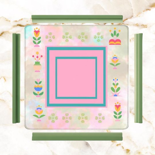 Mahjong Mat Mahjong Mat, Folk Art Floral Watercolor, Preppy Pink, Teal, Green Nordic Designed Mahj Mat