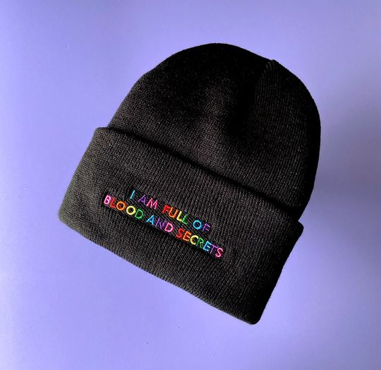 BLOOD AND SECRETS Beanie - Embroidered Horror Hats, Goth Halloween Beanie, Dark Humor Funny Halloween Gift, Rainbow Embroidery Hat