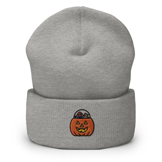 Trick Or Treat Candy Bucket Halloween Embroidered Knit Hats, Handmade Cuffed Knit Unisex Slouchy Adult Winter Hat Cap Gift