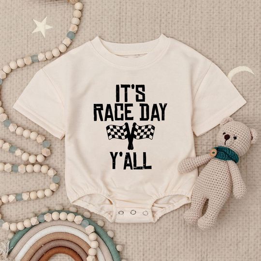 Race Day Baby Romper Sweatshirt, Racing Baby Outfit, It's Race Day Y'all Bodysuit, Checkered Flag Baby Clothes, Baby NASCAR Gift, Racer Baby