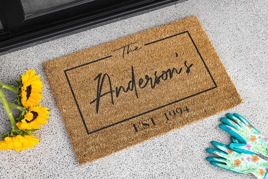 Personalised Coir Doormat with Name And Est Date, Custom Door Mat Gift for Newlywed