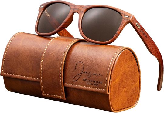 Personalized Wooden Sunglasses with Leather Case,Dark Polarized Lenses, Bridesmaid Gift