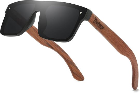 DUBERY Trendy Rimless Wood Sunglasses Polarized Flat Top Sun Glasses with Wooden Temple