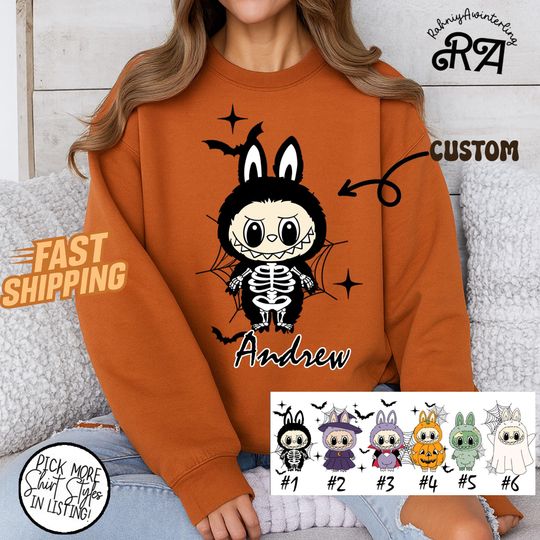 Halloween Labubu Skeleton Sweatshirt, Personalized Name Cute Bunny Character Pullover, Spooky Kawaii Fall Sweater Gift