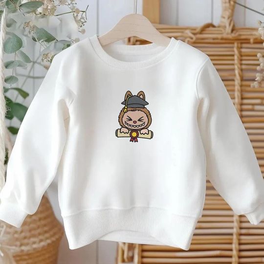 Labubu Graduation Cap Embroidered Kids Sweatshirt, Cute Cartoon Youth, Preschool Celebration Sweater, Birthday Gift For Boy Girl ESH4472