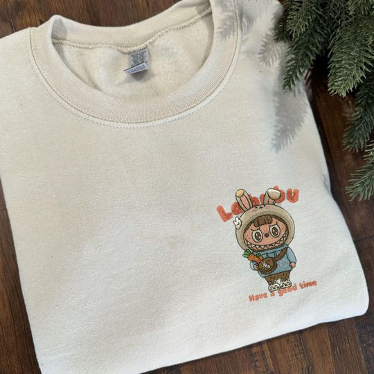 Embroidered Bunny Labubu Sweatshirt, Cozy Season Sweater, Autumn Crewneck, Fall Cozy Gift for Her, Halloween Embroidery Gifts