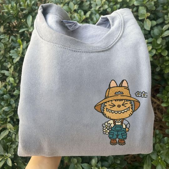 Embroidered Farmer Labubu Sweatshirt, Cozy Season Sweater, Autumn Crewneck, Fall Cozy Gift for Her, Halloween Embroidery Gifts