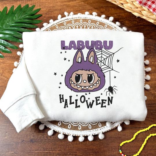 Labubu Halloween Embroidered Sweatshirt, Purple Bunny Spider Hoodie, Cute Scary Cartoon Tee, Spooky Spider Autumn Fall, Him Her Gift ESH4940