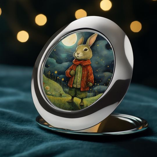 Whimsical Rabbit Compact Travel Mirror, Gift For Her