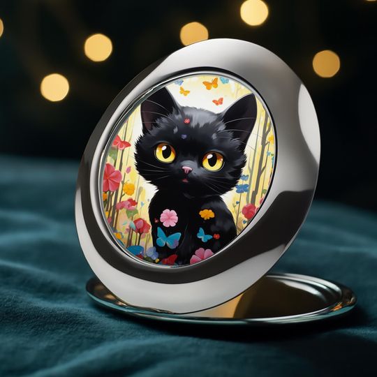 Whimsical Black Cat Compact Mirror, Gift For Her