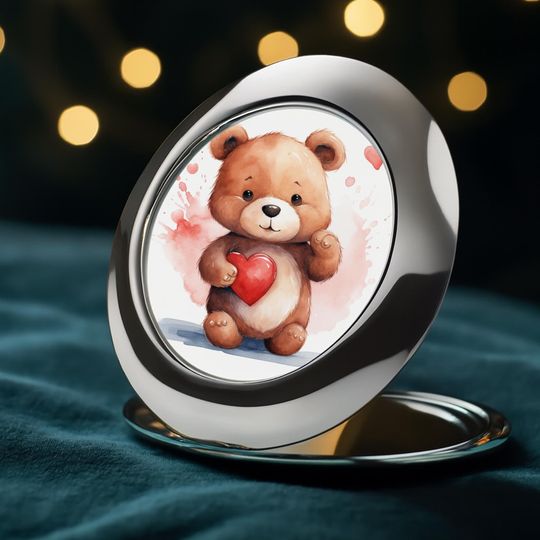 Cute Teddy Bear Compact Travel Mirror, Gift For Her