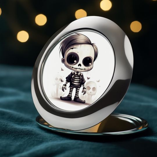 Cute Skeleton Compact Travel Mirror, Halloween Gift Idea for Her