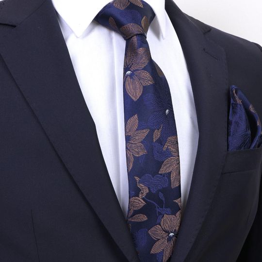 Hand Made Brown-DarkBlue Flower Patterned 7.5 cm Handkerchief Tie