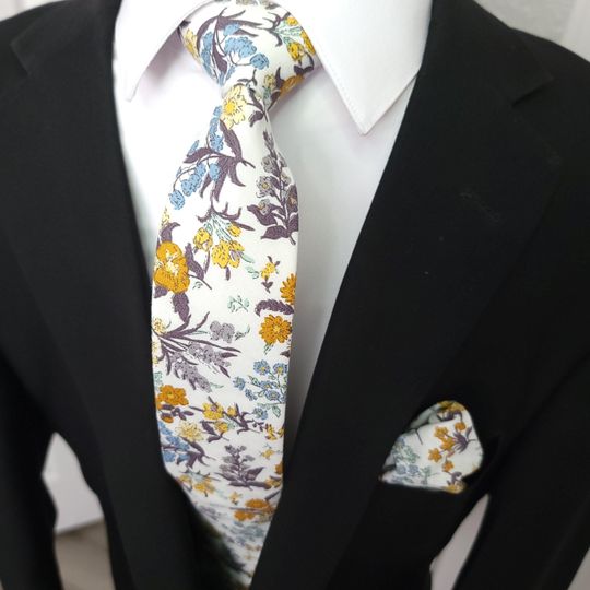 White Yellow Floral Slim Tie Pocket Square Set