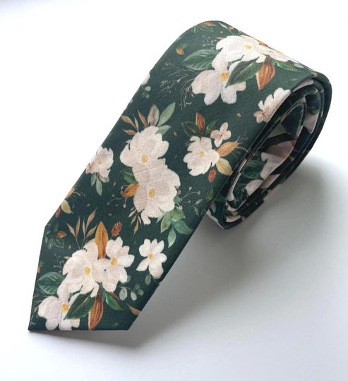 Emerald green floral neck tie, floral green wedding long tie for men and boys