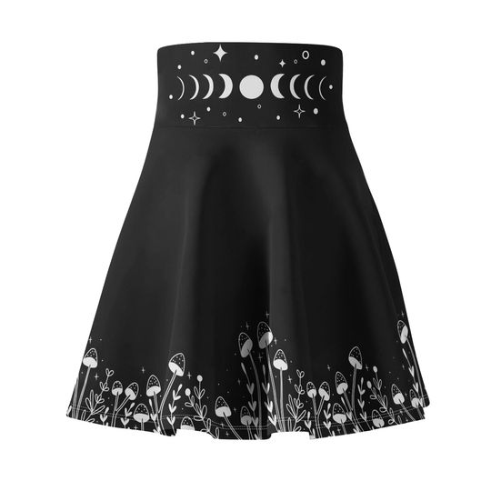 Mushroom Skirt, Celestial cottage witch Circle Skirt, Women's Whimsigoth clothes, High Waisted with Elastic Band, Versatile fit Skater Skirt