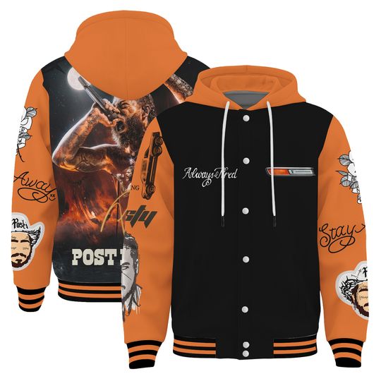 Post Malone Signature Flames Hooded Baseball Jacket, All Size Hot Shirt