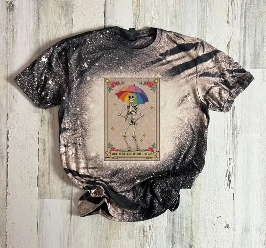 Gay Shade Bleached Shirt, Tarot Card Tshirt, Rainbow Umbrella Skeleton, Support Pride Month