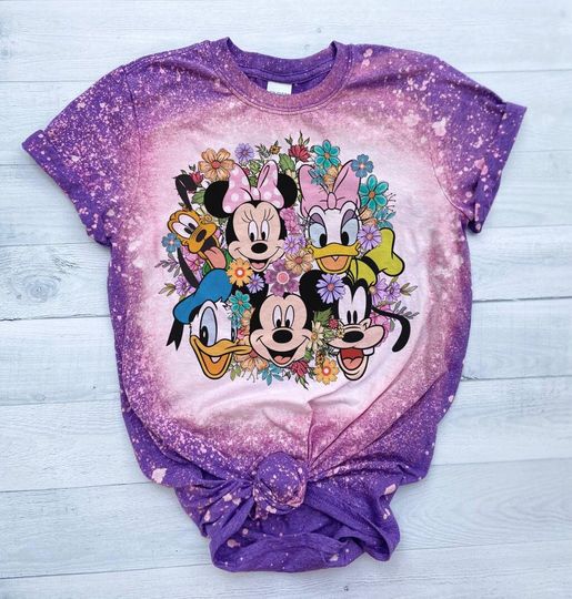 Mickey Mouse and Friends Bleached Shirt, Minnie Floral Disney Shirt, Minnie Daisy Pluto Donald tshirt