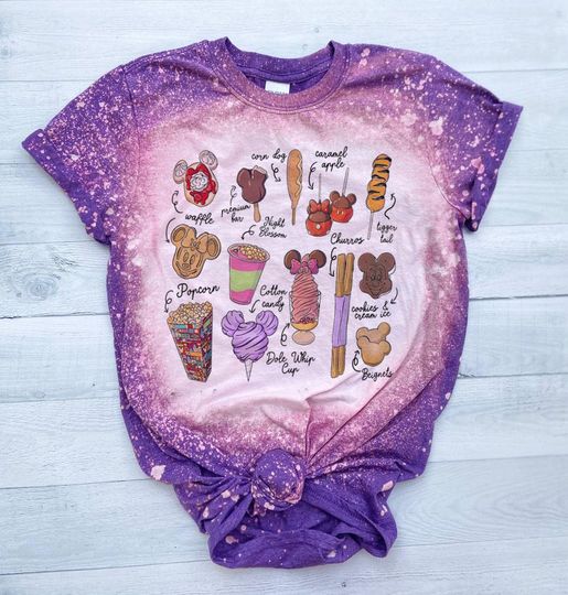 Disney Food Treats Bleached Shirt, Mickey Waffle Churo Tee, Epcot Lets Eat Bleached, Remy Food Eating Tshirt