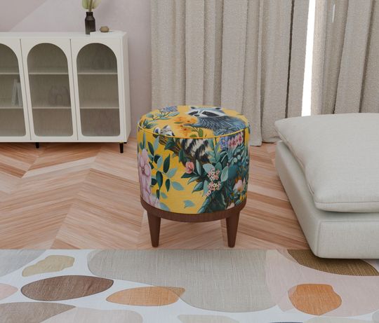 Raccoon Print Pouf - Yellow Floral Footstool