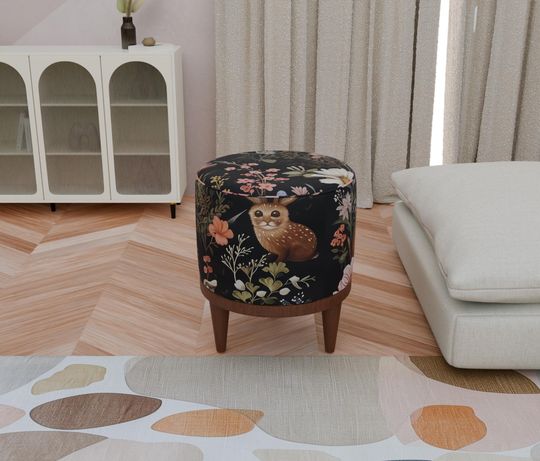 Rabbit Print Gothic Round Pouf - Modern Entryway Seat