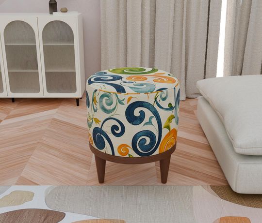 Elegant Round Pouf - Navy & Green Swirl Pattern Upholstered Bench