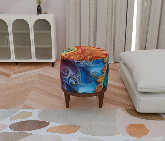 Colorful 3D Print Pouf - Round Ottoman Bench with Cushion