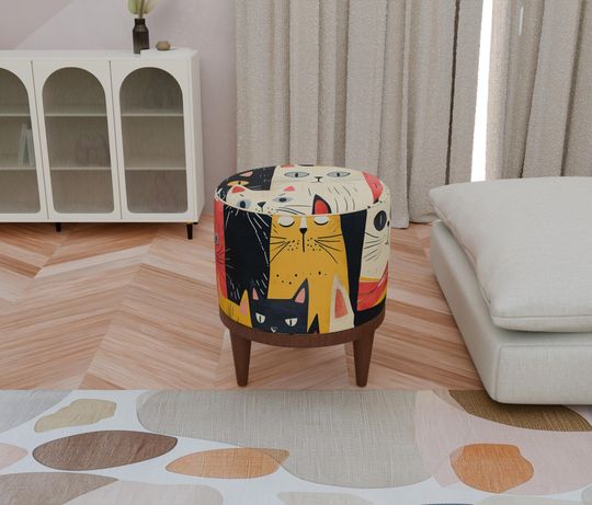 Cat Pattern Round Pouf - Cute & Colorful Bedroom Footstool