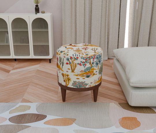 Nature-themed Sahara Style Round Pouf - Elegant Ottoman for Bedroom