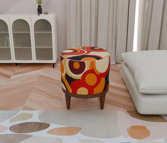 Orange Geometric Round Pouf - Modern Footstool & Bedroom Decor