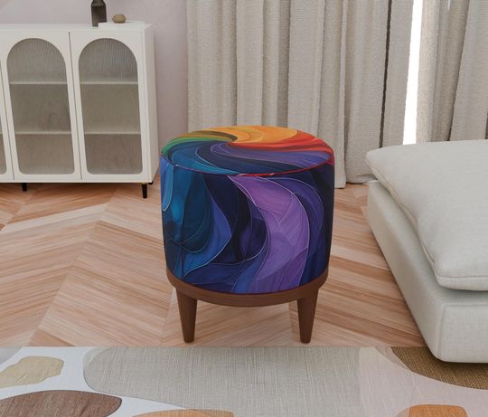 Colorful Abstract Round Pouf - Elegant Ottoman & Makeup Bench
