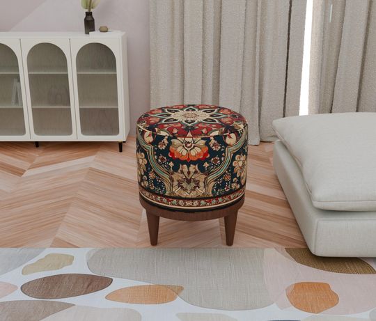 Ethnic Floral Design Pouf - Gothic Footstool & Round Ottoman