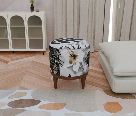 Black & White Leaf Design Round Pouf - Elegant Handmade Ottoman