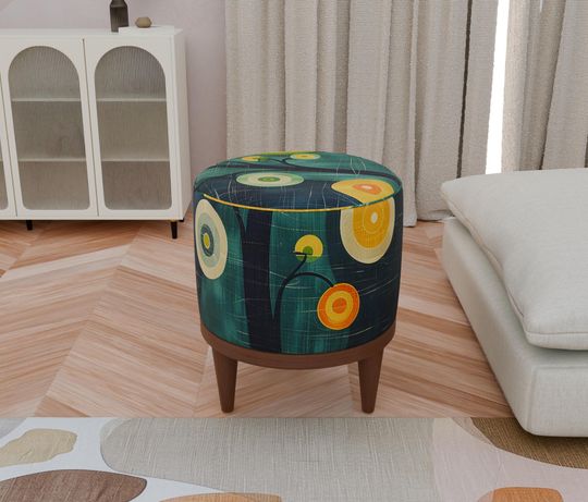 Botanic Design Round Pouf - Decorative Ottoman Bench for Living Room