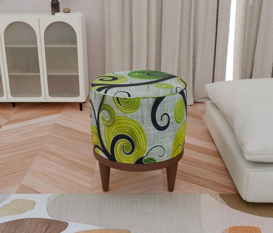 Transitional Round Pouf - Colorful Patterned Vanity Bench