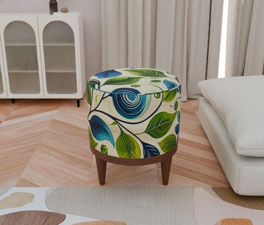 Stylish Leaf Design Round Pouf - Modern Entryway & Dining Area Bench