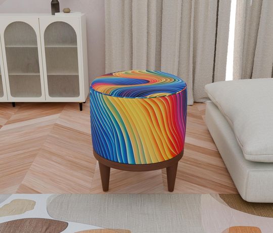 Colorful Waves 3D Patterned Pouf - Elegant Round Ottoman