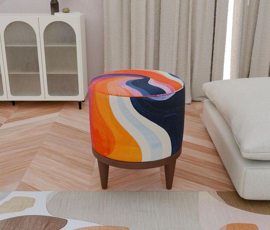 Modern Artwork Round Pouf - Pastel Color, Handmade Footstool