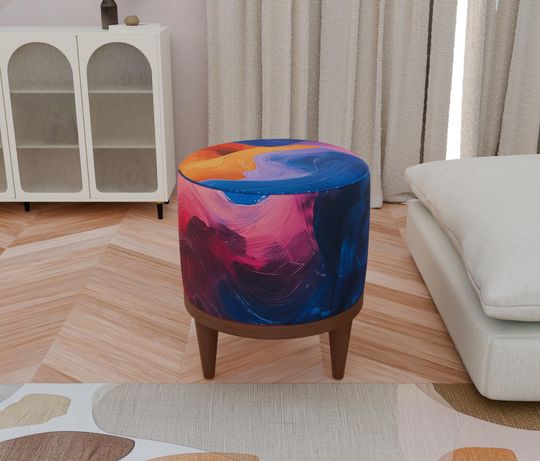 Modern Art-Deco Round Pouf - Pastel Upholstered Bench