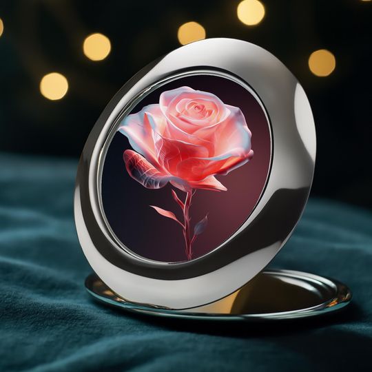 Ethereal Rose Compact Mirror | Glowing Floral Travel Mirror | Translucent Design Beauty Accessory | Futuristic Art Romantic Gift For Her