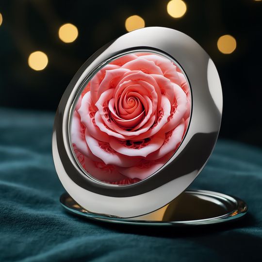 Blush Pink Rose Compact Mirror | Elegant Floral Travel Accessory | Romantic Feminine Beauty Gift for Her | Intricate Digital Art Design