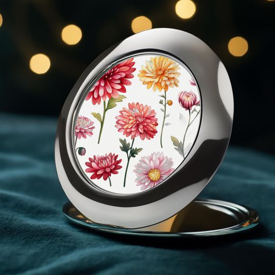 Elegant Chrysanthemum Compact Travel Mirror | Watercolor Floral Design | Botanical Art Accessory | Portable Makeup Mirror Gift for Her