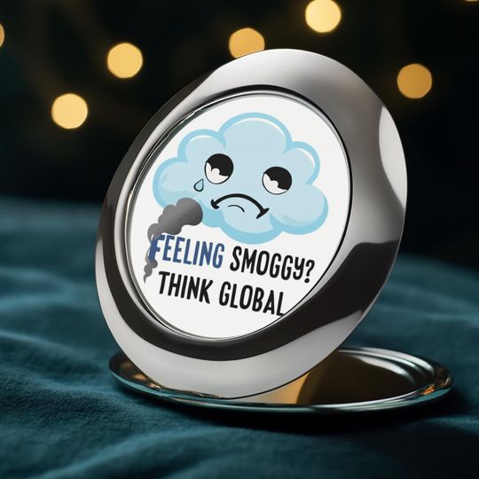 Eco-Friendly Compact Travel Mirror with Sad Cloud Design | Anti-Pollution Climate Change Awareness Gift | Think Global Message for Activists