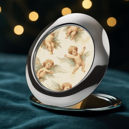 Angelic Cherub Compact Mirror | Vintage Watercolor Art Travel Accessory | Renaissance Aesthetic Gift for Her | Elegant Purse Vanity Item